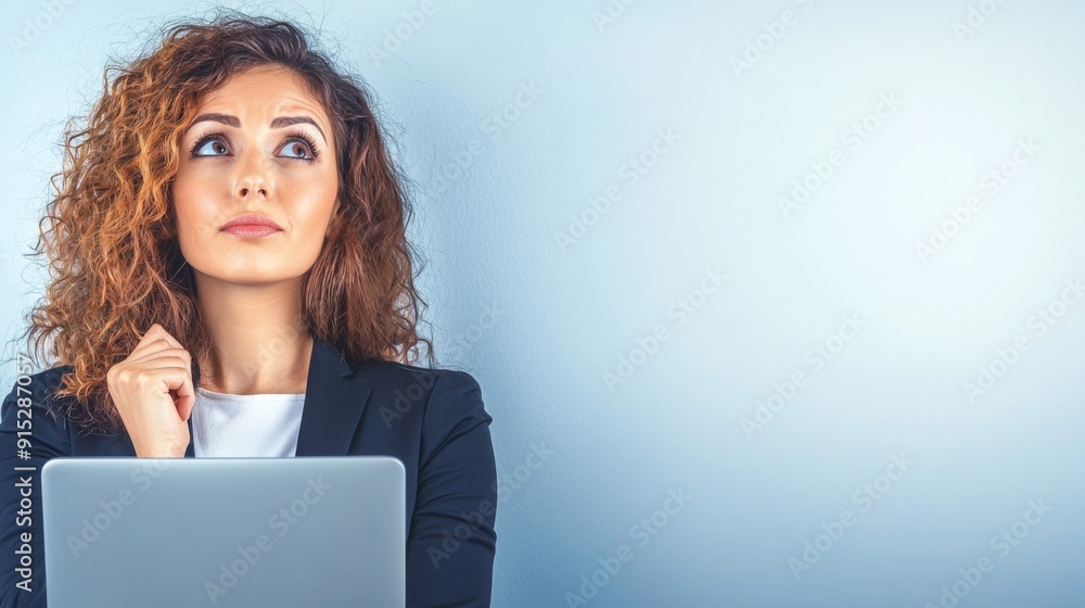 a woman looking up at her laptop a woman looking up at her laptop