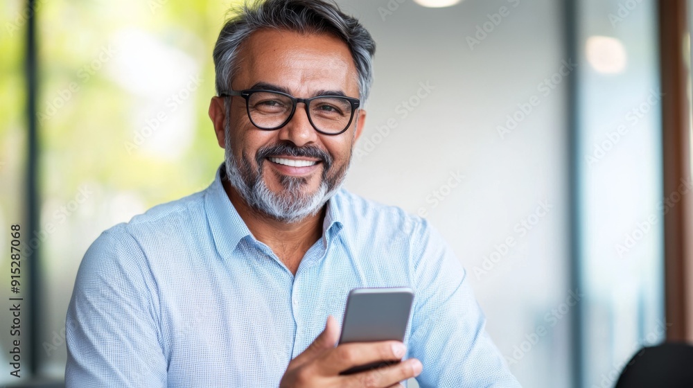 a man with glasses and a beard smiles while looking at his phone a man with glasses and a beard smiles while looking at his phone
