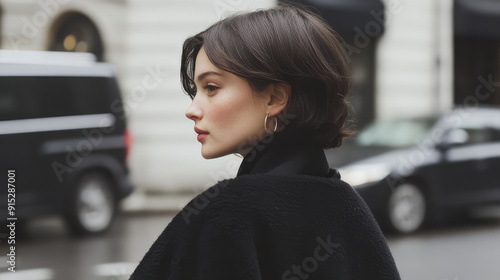 A profile shot of a stylish woman in a black coat standing outdoors, showcasing modern elegance and fashion-forward style in an urban setting.