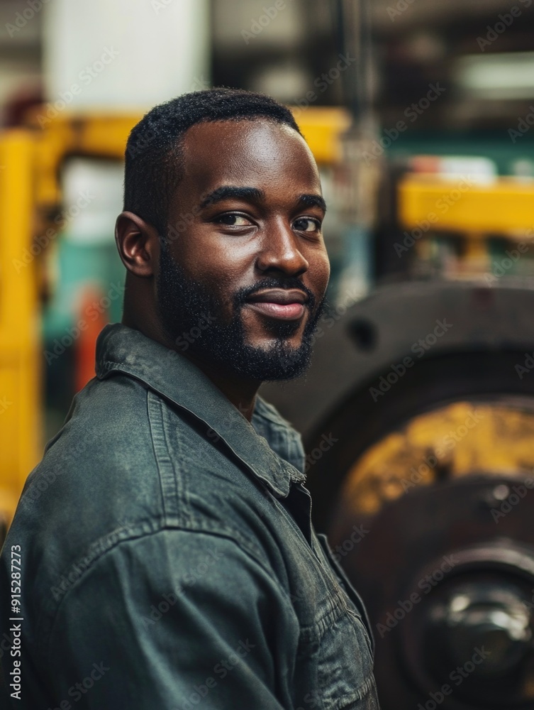 A man standing in front of a machine in a modern factory setting, perfect for illustrations about industry and manufacturing A man standing in front of a machine in a modern factory setting, perfect for illustrations about industry and manufacturing