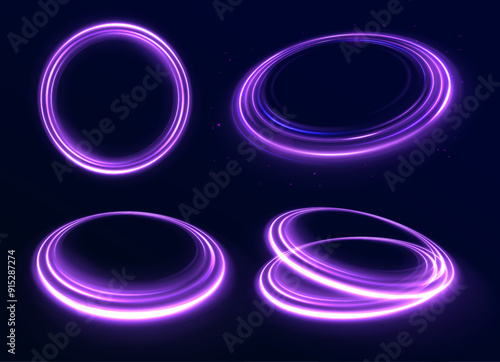 Brilliant galaxy light blue ellipse glowing podium. Abstract bright neon loop with transparency. Glowing spiral cover.Neon light circle of speed in the form of a round whirlpool.	