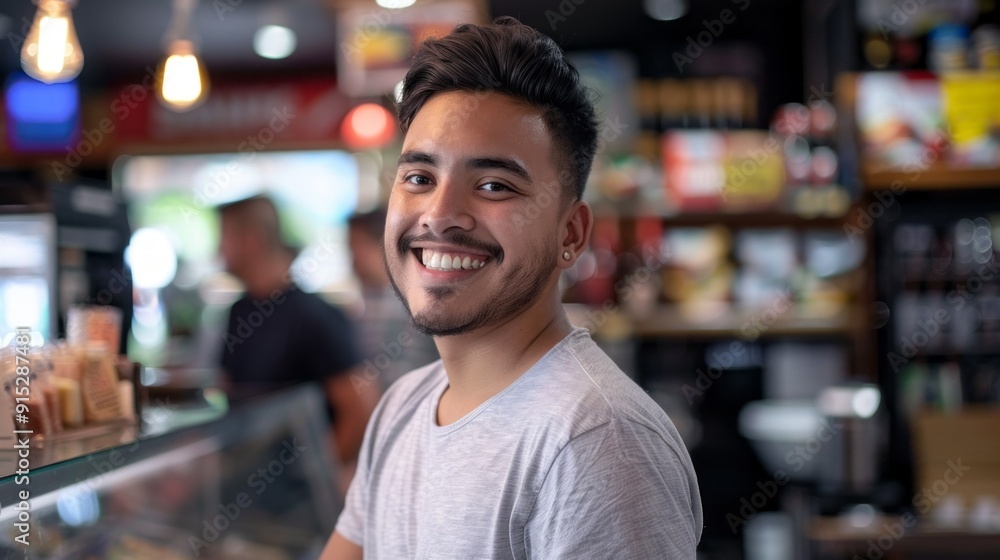 A man with a big smile is sitting at a counter in a restaurant A man with a big smile is sitting at a counter in a restaurant