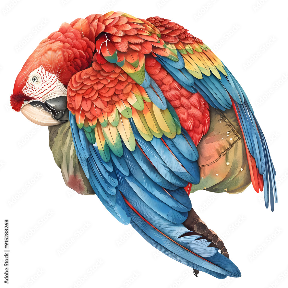 Fototapeta premium Beautiful parrot and owner lying down looking at stars at night, full body, watercolor illustration, single object, isolate on white background.
