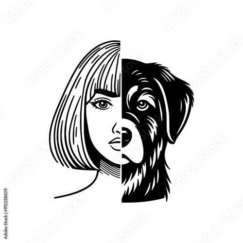 black and white illustration of a face split into a dog on one side and a woman on the other. Minimalist design with deep symbolism, perfect for art or psychology projects.