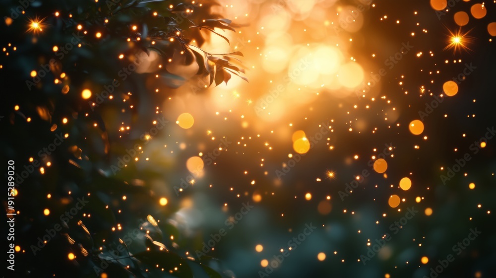 Naklejka premium Magical golden light filtering through leaves with a bokeh effect creating a warm and enchanting scene.