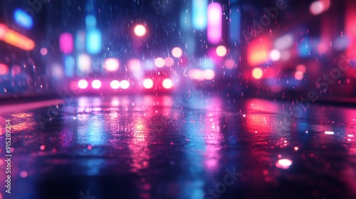 Neon bokeh reflections on a rainy street, creating a vibrant and moody urban scene.