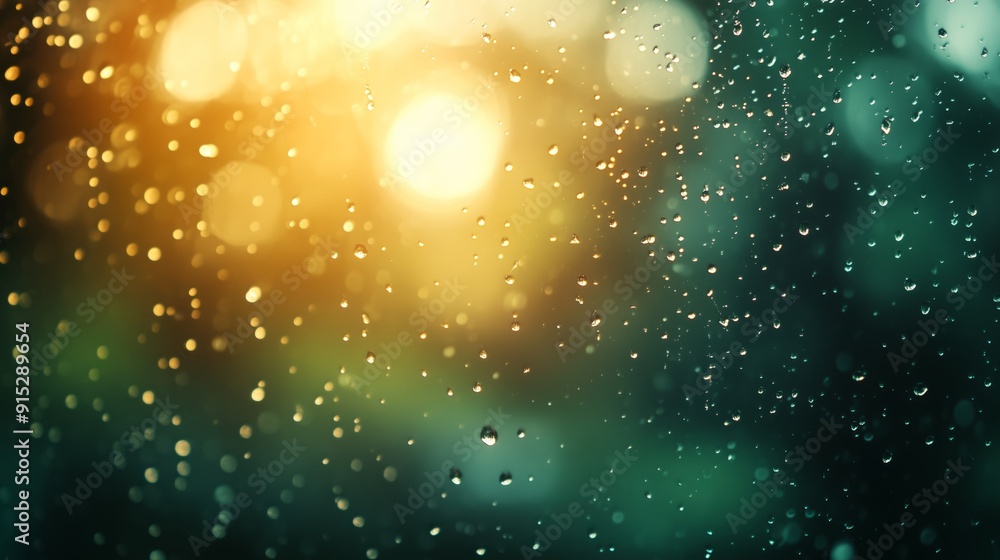 Sunlight shining through raindrops, creating a magical golden bokeh effect with a serene background. Sunlight shining through raindrops, creating a magical golden bokeh effect with a serene background.