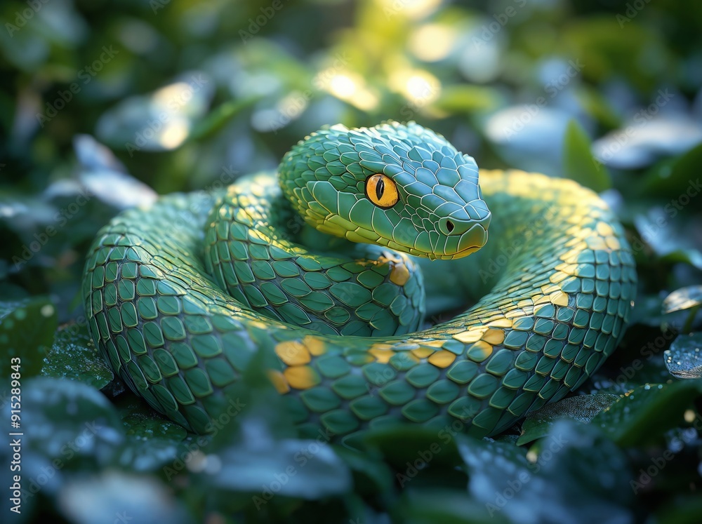 Fototapeta premium Vibrant Green Snake Coiled on Leafy Forest Ground in Soft Sunlight