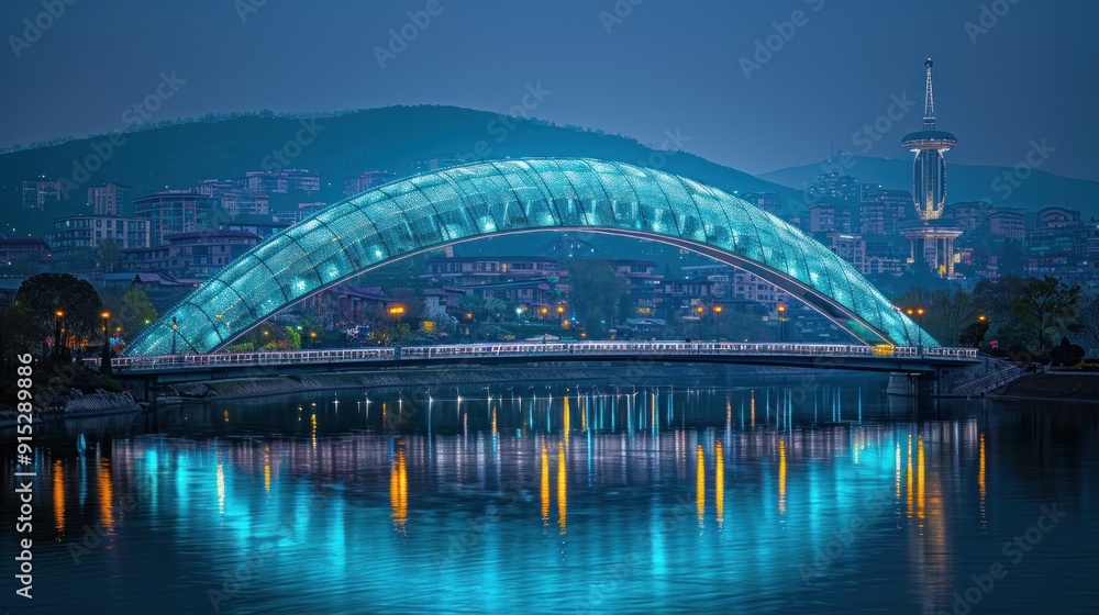 Naklejka premium Illuminated Bridge Reflecting in Blue Water