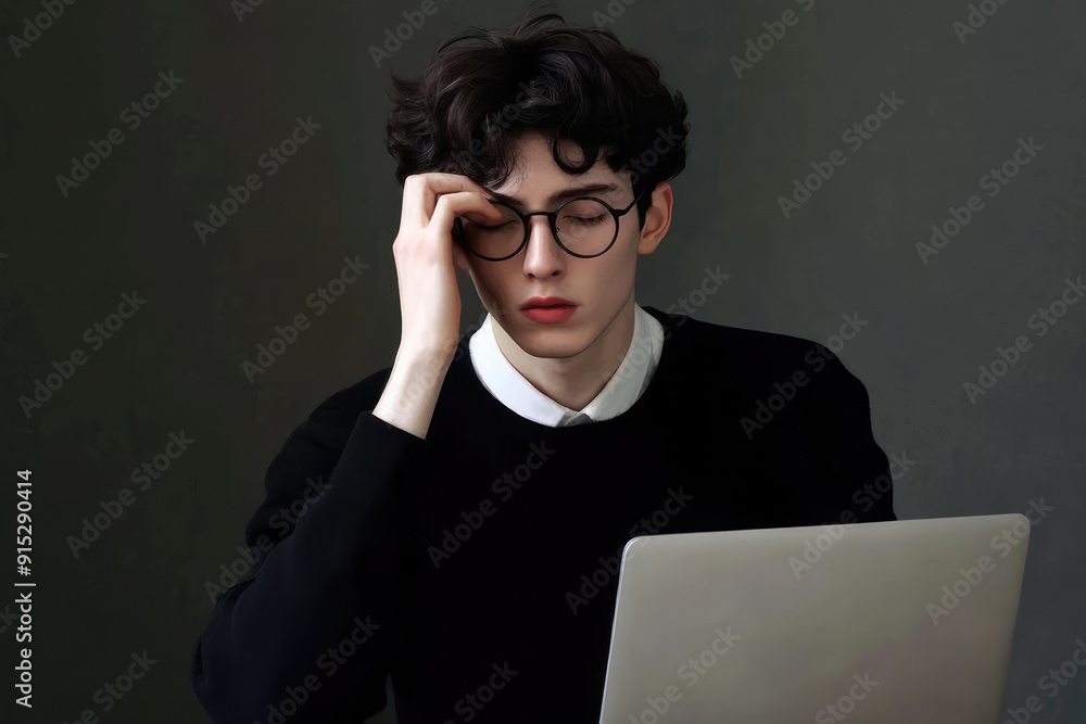 A young man with curly hair and glasses, dressed in a black sweater, appears deep in thought and concentration while looking at his laptop in a dimly lit setting. A young man with curly hair and glasses, dressed in a black sweater, appears deep in thought and concentration while looking at his laptop in a dimly lit setting.
