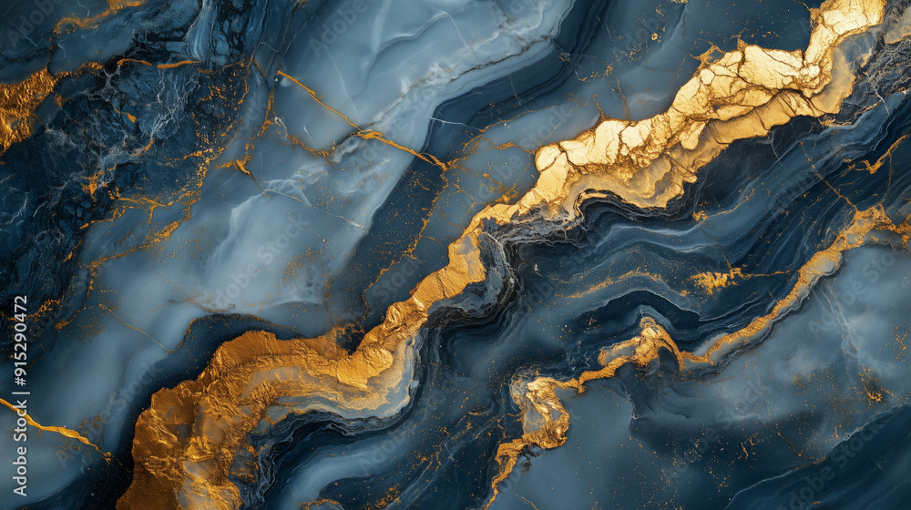 Fototapeta premium Closeup of blue marble with gold veins, featuring intricate natural patterns and detailed texture.