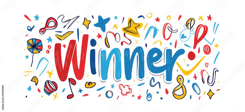 The image features the word 'Winner' written in a playful, colorful style surrounded by various doodles and confetti, which creates a festive and celebratory feeling. The image features the word 'Winner' written in a playful, colorful style surrounded by various doodles and confetti, which creates a festive and celebratory feeling.