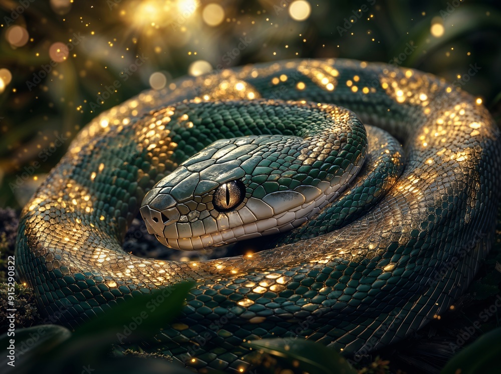 Fototapeta premium Mystical Green Snake Coiled in Enchanted Forest with Glowing Scales