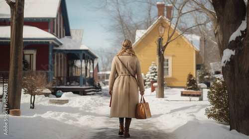 Elegant beautiful woman standing in coat, back view. Returning home with bag. Snowy sunny day, small hometown.