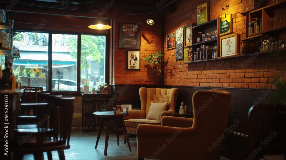 Obraz premium Cozy Bar Interior with Brick Walls and Comfortable Armchairs