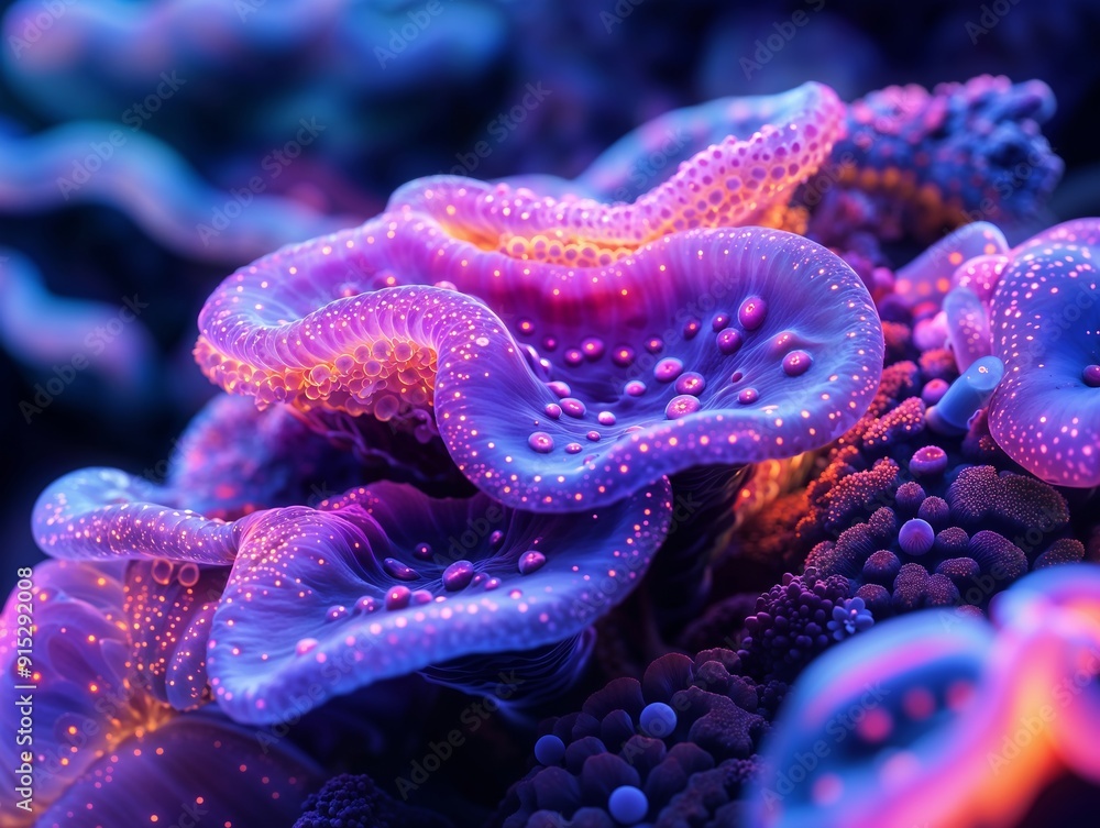 Fototapeta premium Close-Up of Vibrant Coral Reefs with Glowing Polyps Underwater at Night