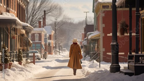 Fototapeta Naklejka Na Ścianę i Meble -  Elegant beautiful woman in a coat walking along a snowy street of a small town along houses, view from behind.