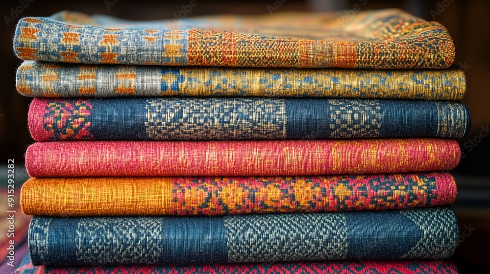 Closeup of a stack of colorful fabric rolls, showcasing various textures and intricate patterns. Closeup of a stack of colorful fabric rolls, showcasing various textures and intricate patterns.