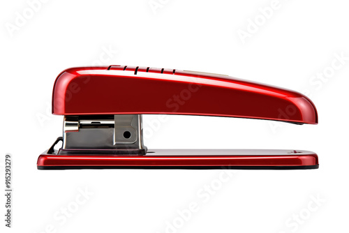 A Bright Red Stapler Capturing the Essence of Productivity on a Wooden Desk on Transparent PNG Background.