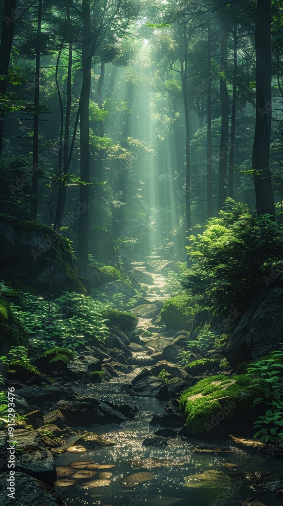 Serene forest path with sunlight streaming through tall trees and lush ...