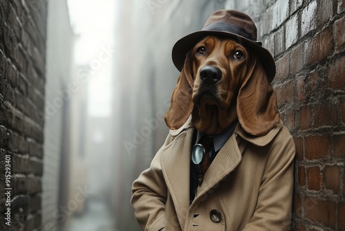 Detective Dog: A bloodhound wearing a trench coat, detective hat, and carrying a magnifying glass, standing in a foggy alley photo