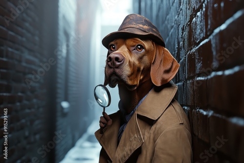 Detective Dog: A bloodhound wearing a trench coat, detective hat, and carrying a magnifying glass, standing in a foggy alley