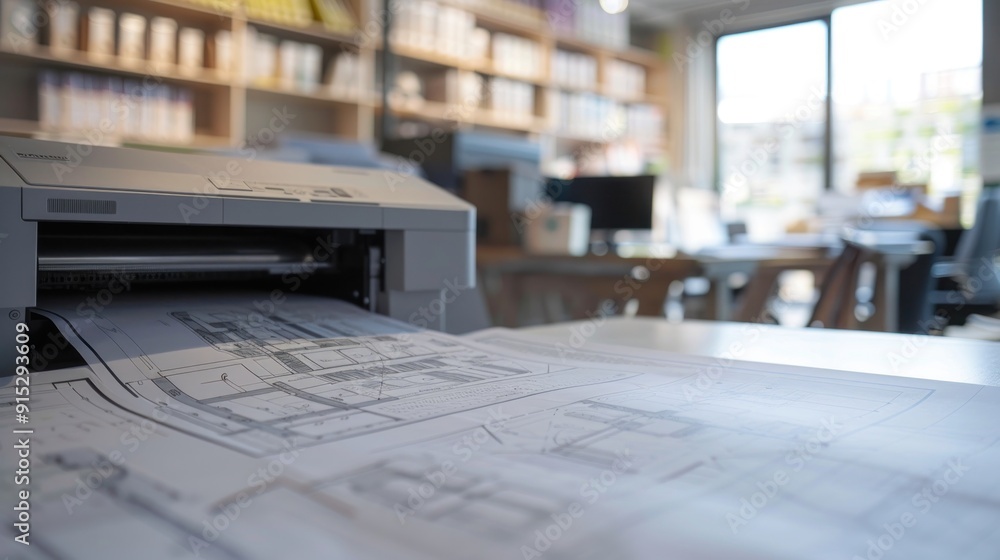 Architectural Blueprints Being Printed in Office Architectural Blueprints Being Printed in Office