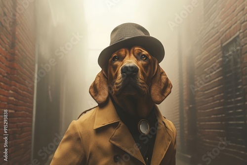 Detective Dog: A bloodhound wearing a trench coat, detective hat, and carrying a magnifying glass, standing in a foggy alley