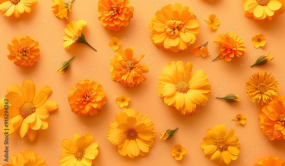 marigold flowers on top of a solid orange background with copy space for text. isolated on a solid orange background design marigold flowers on top of a solid orange background with copy space for text. isolated on a solid orange background design