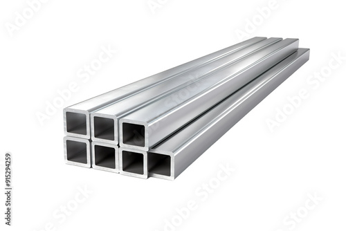 Stacked Rectangular Metal Tubes Ready for Construction in a Modern Workshop Setting on Transparent PNG Background.