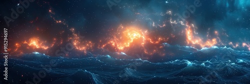 Majestic galactic ocean beneath a starry night sky with cosmic explosions.