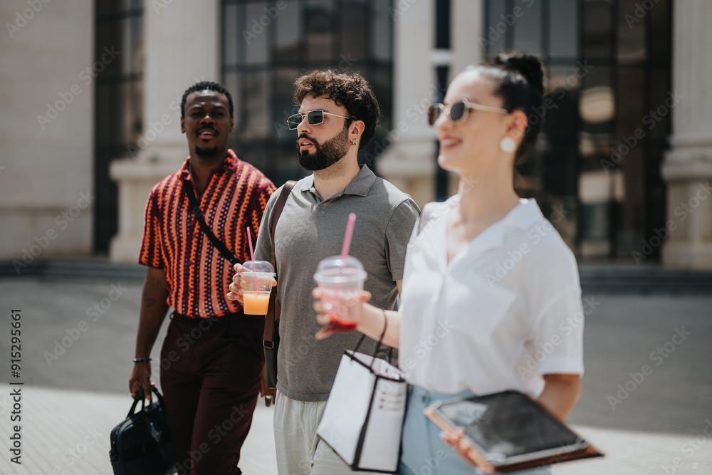 Group of business people walking together, collaborating, and enjoying a break in an urban city setting. They are holding drinks and engaging in conversation. Group of business people walking together, collaborating, and enjoying a break in an urban city setting. They are holding drinks and engaging in conversation.