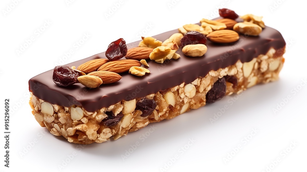A single granola bar with chocolate and dark macaroon pieces, isolated on a white background A single granola bar with chocolate and dark macaroon pieces, isolated on a white background
