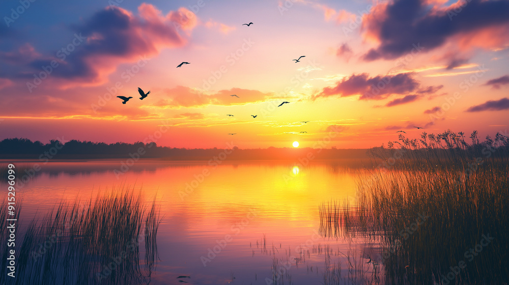 Obraz premium sunset on the lake, Birds in silhouette against a stunning sunrise, with colorful skies reflecting on a serene lake or field.
