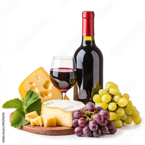 Red wine and assorted cheeses with fresh grapes on a wooden platter