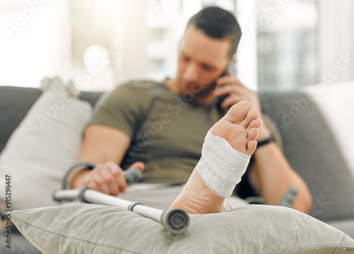 Canvas Print Home, man and injury with broken, foot and bandage for inflammation rehabilitation with crutch