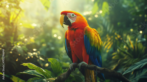 Wallpaper Mural Brightly colored exotic birds such as parrots or toucans in a lush, green rainforest setting Torontodigital.ca