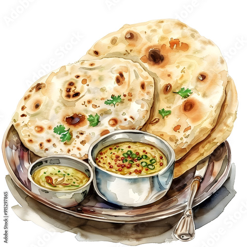 Roti : Flatbread served with various dips or fillings, full body, isolate on white background, watercolor illustration.