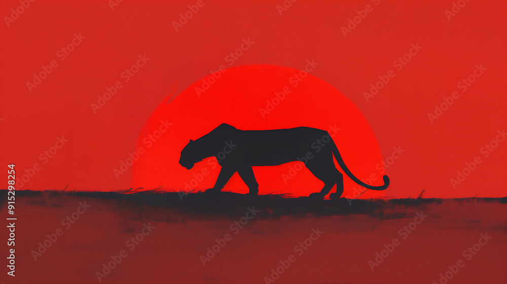 Silhouette of Lion Walking Against Red Sunset, Minimalist Animal Art, Dramatic Wildlife Illustration, Bold Graphic Design, Sunset Scene, Safari Theme, African Wilderness Silhouette of Lion Walking Against Red Sunset, Minimalist Animal Art, Dramatic Wildlife Illustration, Bold Graphic Design, Sunset Scene, Safari Theme, African Wilderness