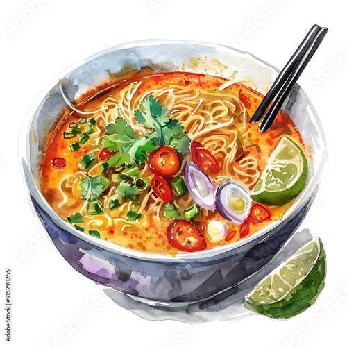 Khao Soi : Northern-style curry noodle soup with a spicy and fragrant flavor, Thai food, watercolor illustration, smoot color, single object, isolate on white background.