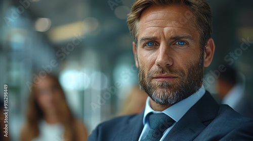 Confident businessman poses for a portrait in a modern office setting during a corporate meeting