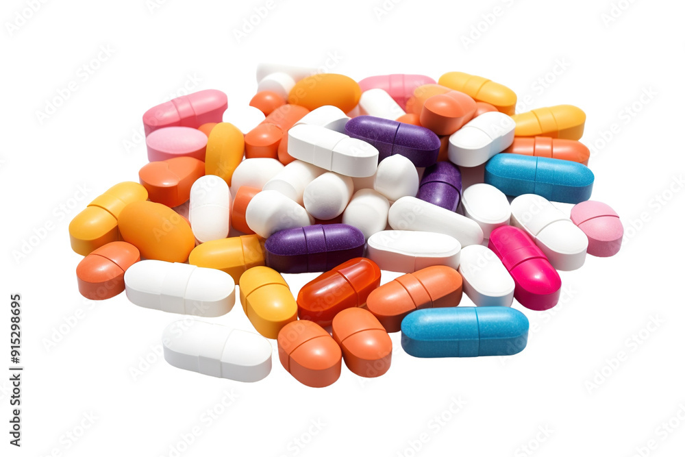Vibrant Collection of Multicolored Capsules and Tablets on a Clean Surface on Transparent PNG Background. Vibrant Collection of Multicolored Capsules and Tablets on a Clean Surface on Transparent PNG Background.