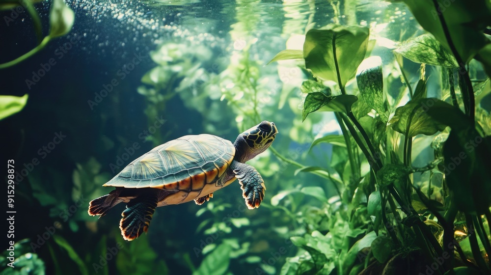 Obraz premium Turtle in Aquarium with Plants