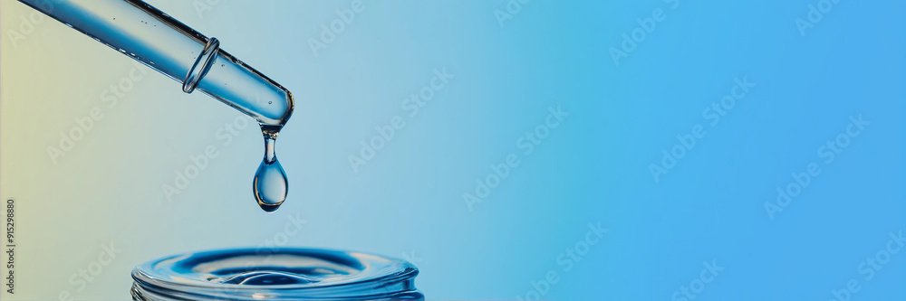 A close-up of a single clear droplet of serum about to drip from the tip of a transparent dropper. The concept of facial care with cosmetic products. A close-up of a single clear droplet of serum about to drip from the tip of a transparent dropper. The concept of facial care with cosmetic products.