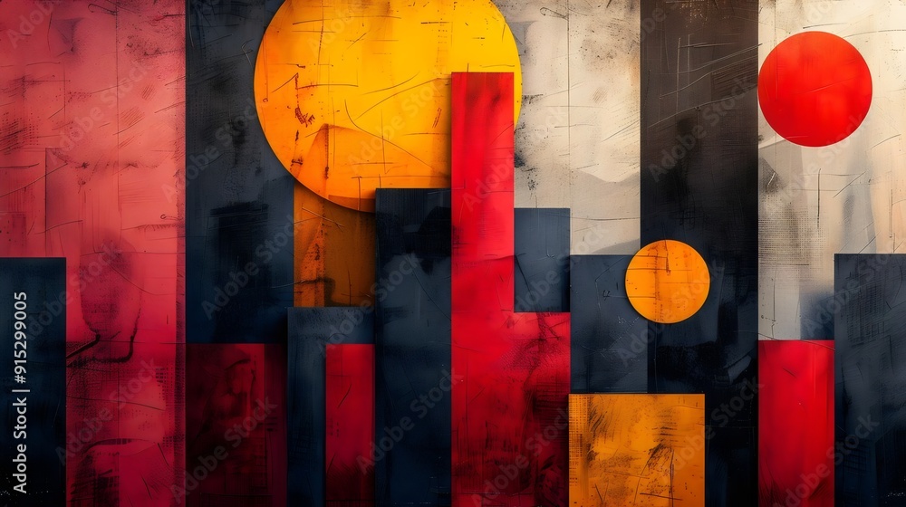 Naklejka premium A painting of a cityscape with a red sun in the background