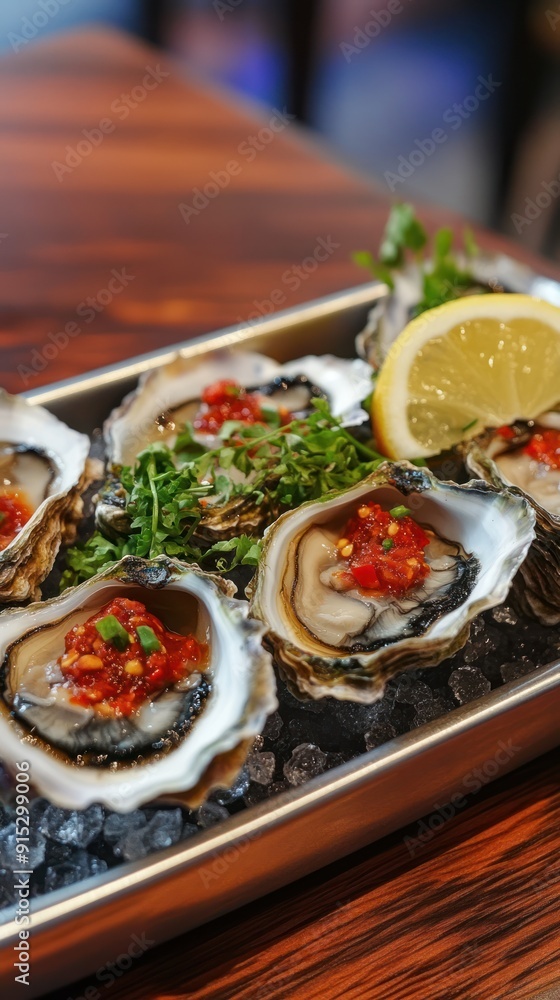 Fresh Oysters on Ice with Lemon Garnish - A tray of fresh oysters on ice, garnished with lemon slices and vibrant herbs, ready to be served as a gourmet seafood dish. Fresh Oysters on Ice with Lemon Garnish - A tray of fresh oysters on ice, garnished with lemon slices and vibrant herbs, ready to be served as a gourmet seafood dish.
