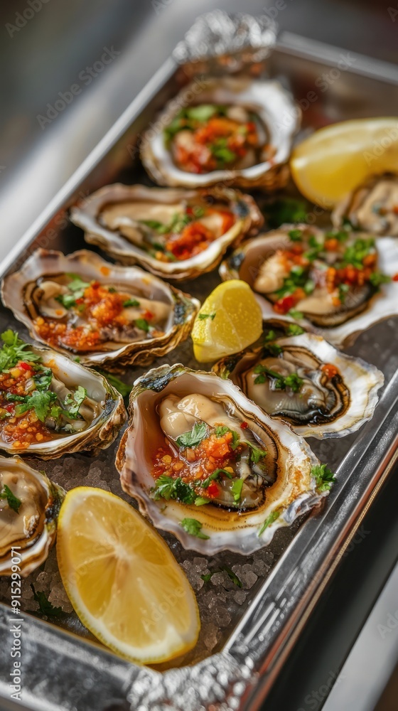 Fresh Oysters on Ice with Lemon Garnish - A tray of fresh oysters on ice, garnished with lemon slices and vibrant herbs, ready to be served as a gourmet seafood dish. Fresh Oysters on Ice with Lemon Garnish - A tray of fresh oysters on ice, garnished with lemon slices and vibrant herbs, ready to be served as a gourmet seafood dish.