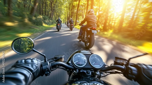 A group of motorbikes on the forest road riding. having fun driving the empty road on a motorcycle tour journey. In summer against a blue sky. front view.