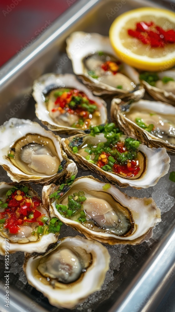 Fresh Oysters on Ice with Lemon Garnish - A tray of fresh oysters on ice, garnished with lemon slices and vibrant herbs, ready to be served as a gourmet seafood dish. Fresh Oysters on Ice with Lemon Garnish - A tray of fresh oysters on ice, garnished with lemon slices and vibrant herbs, ready to be served as a gourmet seafood dish.