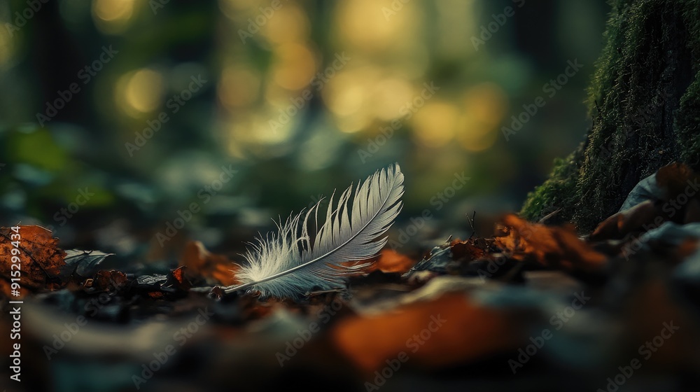 A close-up of a feather on the forest floor, highlighting the delicate beauty of nature. A close-up of a feather on the forest floor, highlighting the delicate beauty of nature.
